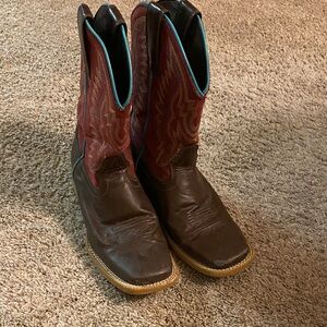 Ariat Brown Foot Red Shaft Kids Western Boots with Turquoise Trim